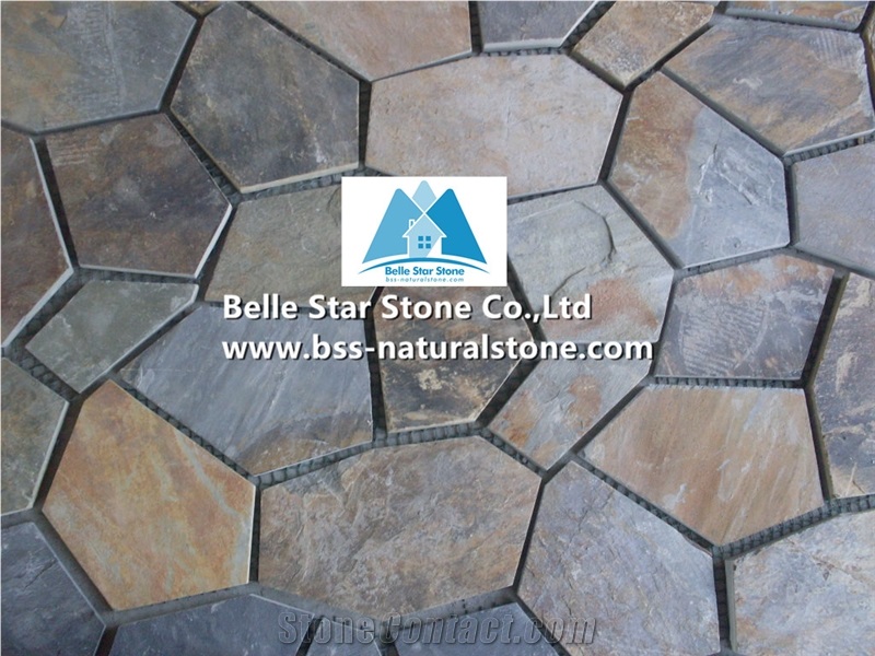 Chinese Multicolour Riven Slate Meshed Flagstone,Rusty Split Face Slate Flagstone Patios,Sunset Slate Flagstone Pavers,Copper Rust Slate Flagstone Wall,Autumn Rose Flagstone Walkway Pavers