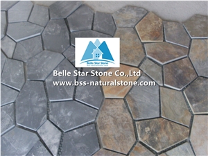 Chinese Multicolour Riven Slate Meshed Flagstone,Rusty Split Face Slate Flagstone Patios,Sunset Slate Flagstone Pavers,Copper Rust Slate Flagstone Wall,Autumn Rose Flagstone Walkway Pavers