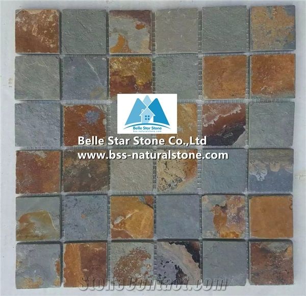 Chinese Multicolour Riven Slate Mosaic,Rusty Split Face Mosaic Wall Tiles,Copper Rust Slate Mosaic Floor Tiles,Sunset Slate Mosaic Pattern,Multicolor Split Face Slate Mosaic Tiles,Natural Stone Mosaic