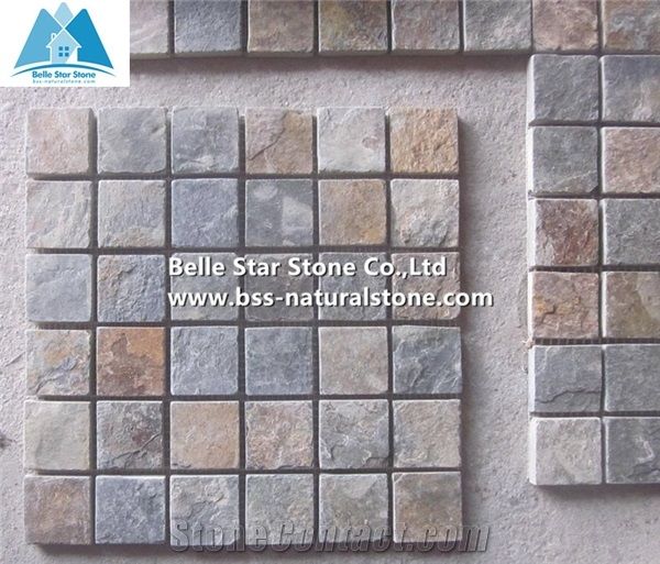 Chinese Multicolour Riven Slate Mosaic,Rusty Split Face Mosaic Wall Tiles,Copper Rust Slate Mosaic Floor Tiles,Sunset Slate Mosaic Pattern,Multicolor Split Face Slate Mosaic Tiles,Natural Stone Mosaic