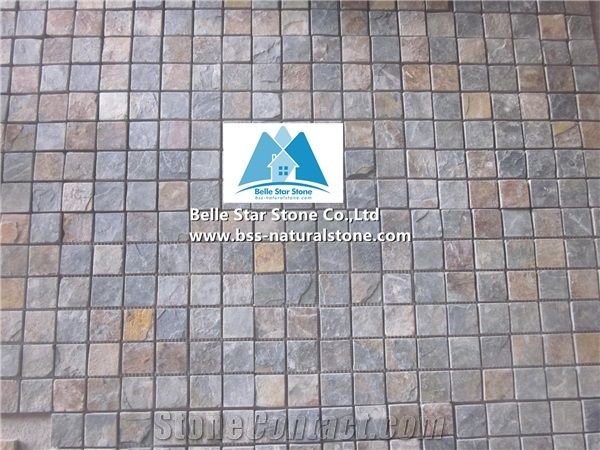 Chinese Multicolour Riven Slate Mosaic,Rusty Split Face Mosaic Wall Tiles,Copper Rust Slate Mosaic Floor Tiles,Sunset Slate Mosaic Pattern,Multicolor Split Face Slate Mosaic Tiles,Natural Stone Mosaic