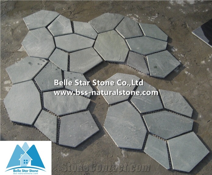 Green Riven Slate Meshed Flagstone,Split Face Slate Flagstone Patio,Green Flagstone Pavers,Natural Flagstone Walkway,Slate Flagstone Courtyard,Green Slate Flagstone Paving Stone,Flagstone Wall