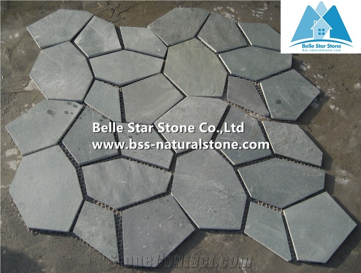 Green Riven Slate Meshed Flagstone,Split Face Slate Flagstone Patio,Green Flagstone Pavers,Natural Flagstone Walkway,Slate Flagstone Courtyard,Green Slate Flagstone Paving Stone,Flagstone Wall