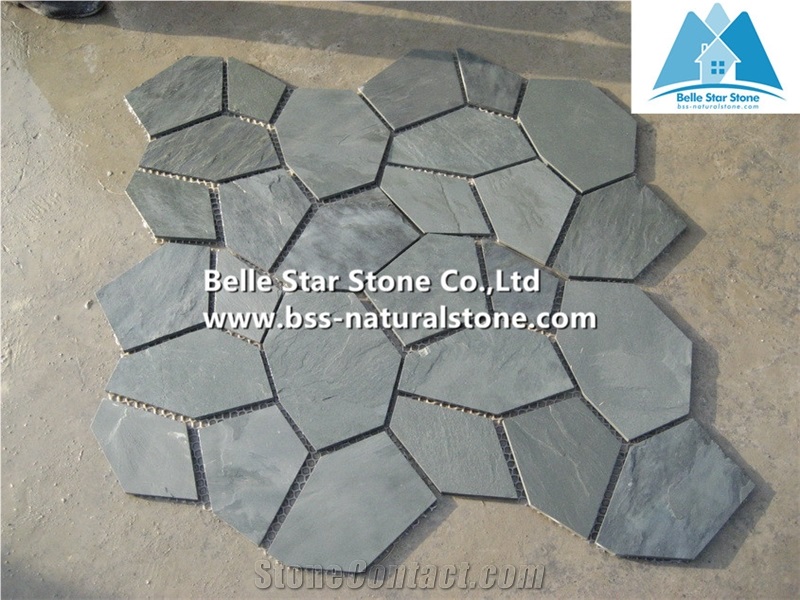 Green Riven Slate Meshed Flagstone,Split Face Slate Flagstone Patio,Green Flagstone Pavers,Natural Flagstone Walkway,Slate Flagstone Courtyard,Green Slate Flagstone Paving Stone,Flagstone Wall