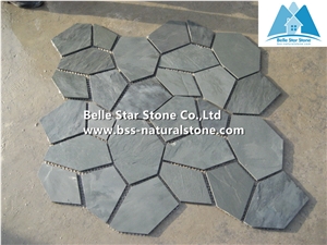 Green Riven Slate Meshed Flagstone,Split Face Slate Flagstone Patio,Green Flagstone Pavers,Natural Flagstone Walkway,Slate Flagstone Courtyard,Green Slate Flagstone Paving Stone,Flagstone Wall