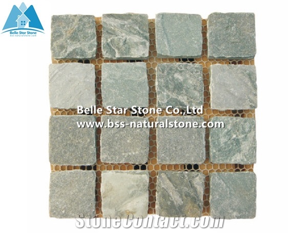 Green Split Face Slate Meshed Cube Stone,Riven Slate Meshed Flagstone Patio,Natural Flagstone Driveway Pavers,Green Flagstone Walkway,Flagstone Patio Floor Tiles