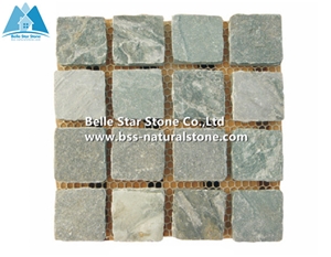 Green Split Face Slate Meshed Cube Stone,Riven Slate Meshed Flagstone Patio,Natural Flagstone Driveway Pavers,Green Flagstone Walkway,Flagstone Patio Floor Tiles