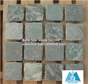 Green Split Face Slate Meshed Cube Stone,Riven Slate Meshed Flagstone Patio,Natural Flagstone Driveway Pavers,Green Flagstone Walkway,Flagstone Patio Floor Tiles