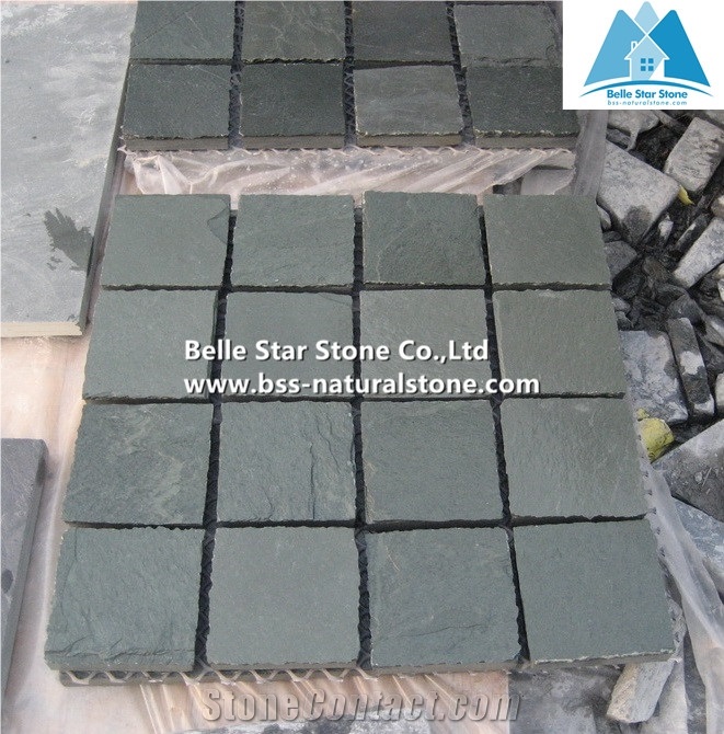Green Split Face Slate Meshed Cube Stone,Riven Slate Meshed Flagstone Patio,Natural Flagstone Driveway Pavers,Green Flagstone Walkway,Flagstone Patio Floor Tiles