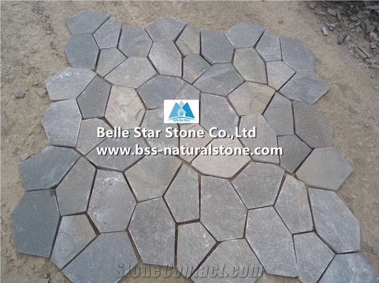 Grey Slate Meshed Flagstone,Split Face Slate Flagstone Patio Pavers,P013 Slate Flagstone Courtyard Pavers,Flagstone Walkway Pavers,Flagstone Patio,Flagstone Wall Cladding,Flagstone Paving Stone