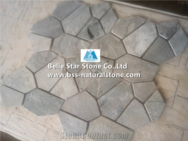Grey Slate Meshed Flagstone,Split Face Slate Flagstone Patio Pavers,P013 Slate Flagstone Courtyard Pavers,Flagstone Walkway Pavers,Flagstone Patio,Flagstone Wall Cladding,Flagstone Paving Stone