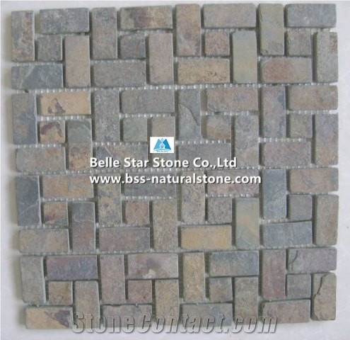Multicolor Riven Slate Mosaic,Rusty Split Face Slate Wall Mosaic,Sunset Slate Floor Mosaic,Autumn Rose Slate Mosaic Pattern,Copper Rust Slate Mosaic Tiles,Natural Multicolour Slate Stone Mosaic