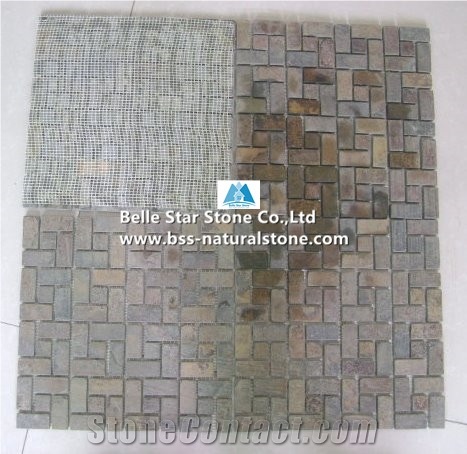Multicolor Riven Slate Mosaic,Rusty Split Face Slate Wall Mosaic,Sunset Slate Floor Mosaic,Autumn Rose Slate Mosaic Pattern,Copper Rust Slate Mosaic Tiles,Natural Multicolour Slate Stone Mosaic