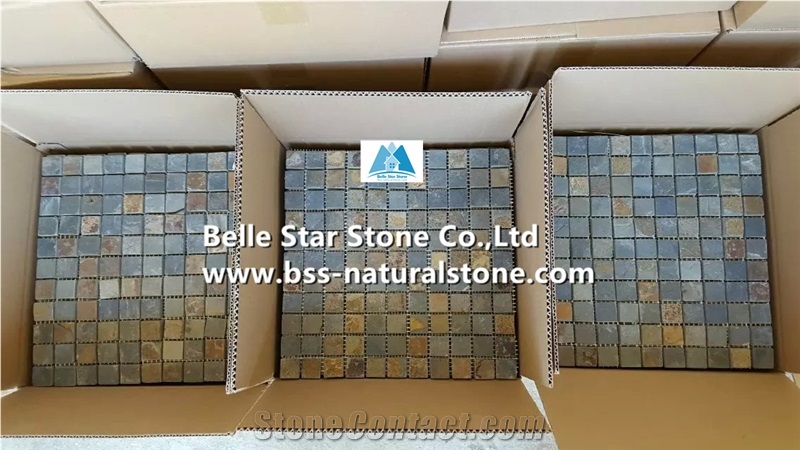 Multicolour Riven Mosaic,Rusty Split Face Slate Wall Mosaic,Sunset Slate Floor Mosaic,Autumn Rose Slate Mosaic Pattern,Multicolor Slate Mosaic Tiles,Natural Stone Mosaic,Interior Wall Stone Mosaic