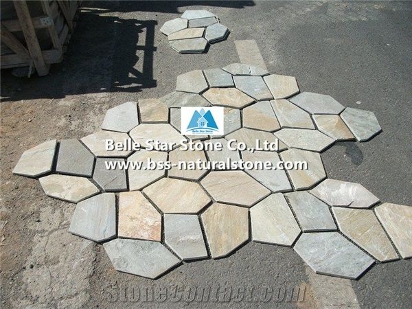 Oyster Split Face Slate Meshed Flagstone,Desert Gold Quartzite Flagstone Walkway,Silver Sunset Quartzite Flagstone Patios,White Gold Quartzite Flagstone Courtyard Pavers,Gold Honey Quartzite Flagstone