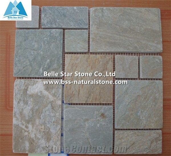 Oyster Split Face Slate Mosaic,Desert Gold Quartzite Mosaic Wall,Golden Honey Quartzite Floor Mosaic,White Gold Quartzite Mosaic Pattern,Silver Sunset Quartzite Mosaic Tiles,Interior Wall Stone Mosaic