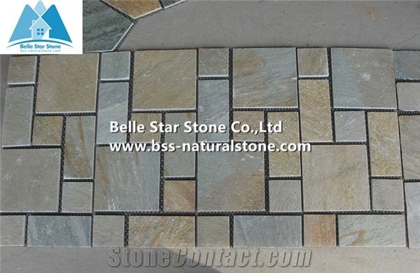 Oyster Split Face Slate Mosaic,Desert Gold Quartzite Mosaic Wall,Golden Honey Quartzite Floor Mosaic,White Gold Quartzite Mosaic Pattern,Silver Sunset Quartzite Mosaic Tiles,Interior Wall Stone Mosaic