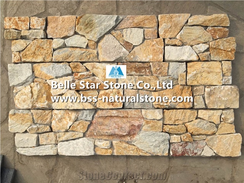 Yellow Slate Cemented Stacked Stone,Natural Split Face Slate Culture Stone Back with Concrete,Yellow Ledgestone,Slate Z Clad Stone Cladding,Real Stone Veneer,Thick Stone Panel,Yellow Wall Cladding