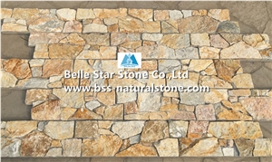 Yellow Slate Cemented Stacked Stone,Natural Split Face Slate Culture Stone Back with Concrete,Yellow Ledgestone,Slate Z Clad Stone Cladding,Real Stone Veneer,Thick Stone Panel,Yellow Wall Cladding