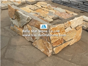 Yellow Slate Cemented Stacked Stone,Natural Split Face Slate Culture Stone Back with Concrete,Yellow Ledgestone,Slate Z Clad Stone Cladding,Real Stone Veneer,Thick Stone Panel,Yellow Wall Cladding