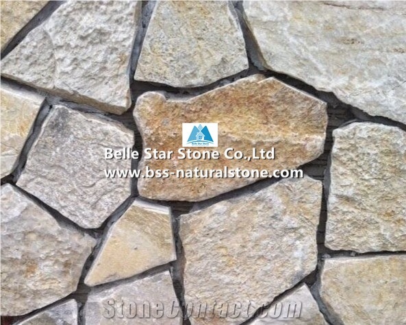 Yellow Slate Random Flagstone,Split Face Slate Irregular Flagstone,Yellow Flagstone Wall,Slate Landscaping Wall Stone,Outdoor Building Wall Facades,Slate Random Stone,Yellow Flagstone Cladding