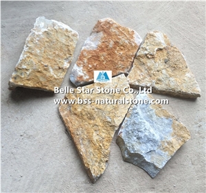 Yellow Slate Random Flagstone,Split Face Slate Irregular Flagstone,Yellow Flagstone Wall,Slate Landscaping Wall Stone,Outdoor Building Wall Facades,Slate Random Stone,Yellow Flagstone Cladding