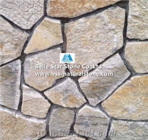 Yellow Slate Random Flagstone,Split Face Slate Irregular Flagstone,Yellow Flagstone Wall,Slate Landscaping Wall Stone,Outdoor Building Wall Facades,Slate Random Stone,Yellow Flagstone Cladding