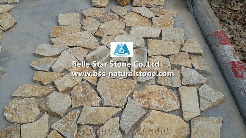 Yellow Slate Random Flagstone,Split Face Slate Irregular Flagstone,Yellow Flagstone Wall,Slate Landscaping Wall Stone,Outdoor Building Wall Facades,Slate Random Stone,Yellow Flagstone Cladding
