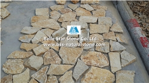 Yellow Slate Random Flagstone,Split Face Slate Irregular Flagstone,Yellow Flagstone Wall,Slate Landscaping Wall Stone,Outdoor Building Wall Facades,Slate Random Stone,Yellow Flagstone Cladding