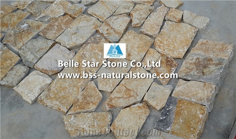Yellow Slate Random Flagstone,Split Face Slate Irregular Flagstone,Yellow Flagstone Wall,Slate Landscaping Wall Stone,Outdoor Building Wall Facades,Slate Random Stone,Yellow Flagstone Cladding