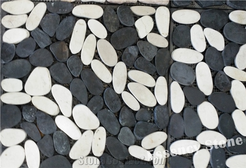 Black and White Sliced Flat River Stone Pebble Mosaic Tile,Polished Pebble on Mesh,Sliced Pebble Tile