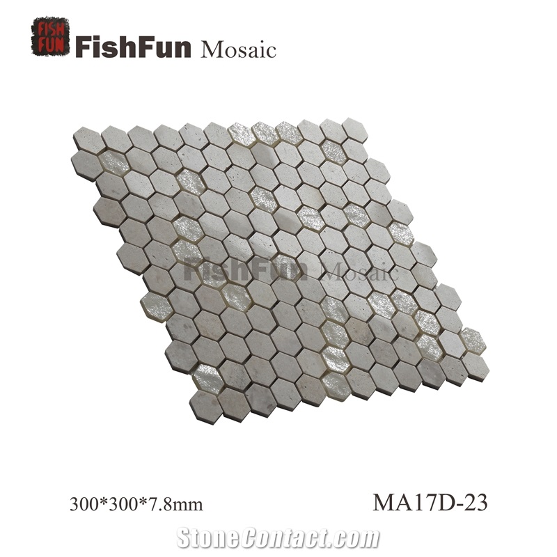 Hexagon Marble & Glass Mosaic Tile 23x26.5mm, Beige Marble Mosaic Tile, White Travertine Mosaic, Polished Surface, Garden & Balcony Marble and Glass Mosaic Tile, Kitchen Mosaic