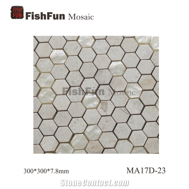 Hexagon Marble & Glass Mosaic Tile 23x26.5mm, Beige Marble Mosaic Tile, White Travertine Mosaic, Polished Surface, Garden & Balcony Marble and Glass Mosaic Tile, Kitchen Mosaic