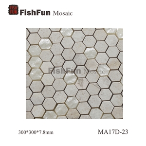 Hexagon Marble & Glass Mosaic Tile 23x26.5mm, Beige Marble Mosaic Tile, White Travertine Mosaic, Polished Surface, Garden & Balcony Marble and Glass Mosaic Tile, Kitchen Mosaic