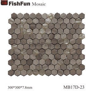 Hexagon Marble & Glass Mosaic Tile 23x26.5mm, Grey Marble Mosaic Tile, Athen Grey Mosaic, Polished Surface, Garden & Balcony Marble and Glass Mosaic Tile, Kitchen Mosaic
