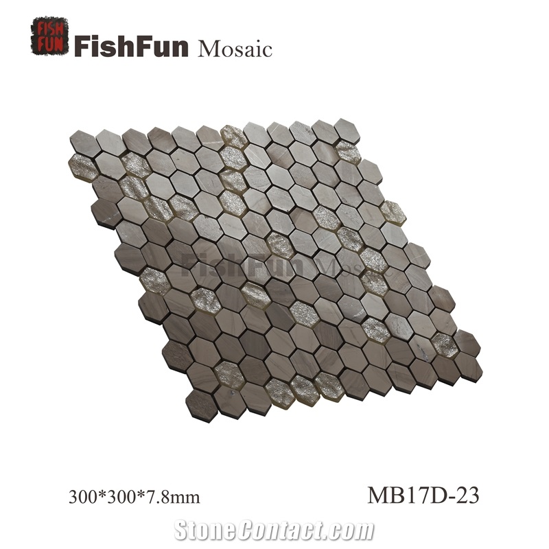 Hexagon Marble & Glass Mosaic Tile 23x26.5mm, Grey Marble Mosaic Tile, Athen Grey Mosaic, Polished Surface, Garden & Balcony Marble and Glass Mosaic Tile, Kitchen Mosaic