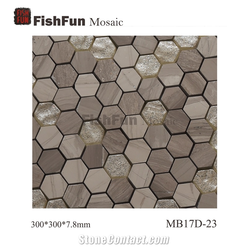 Hexagon Marble & Glass Mosaic Tile 23x26.5mm, Grey Marble Mosaic Tile, Athen Grey Mosaic, Polished Surface, Garden & Balcony Marble and Glass Mosaic Tile, Kitchen Mosaic