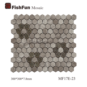 Hexagon Marble & Glass Mosaic Tile 23x26.5mm, Grey Marble Mosaic Tile, Grey Wood Grain Mosaic, Polished Surface, Garden & Balcony Marble and Glass Mosaic Tile, Kitchen Mosaic
