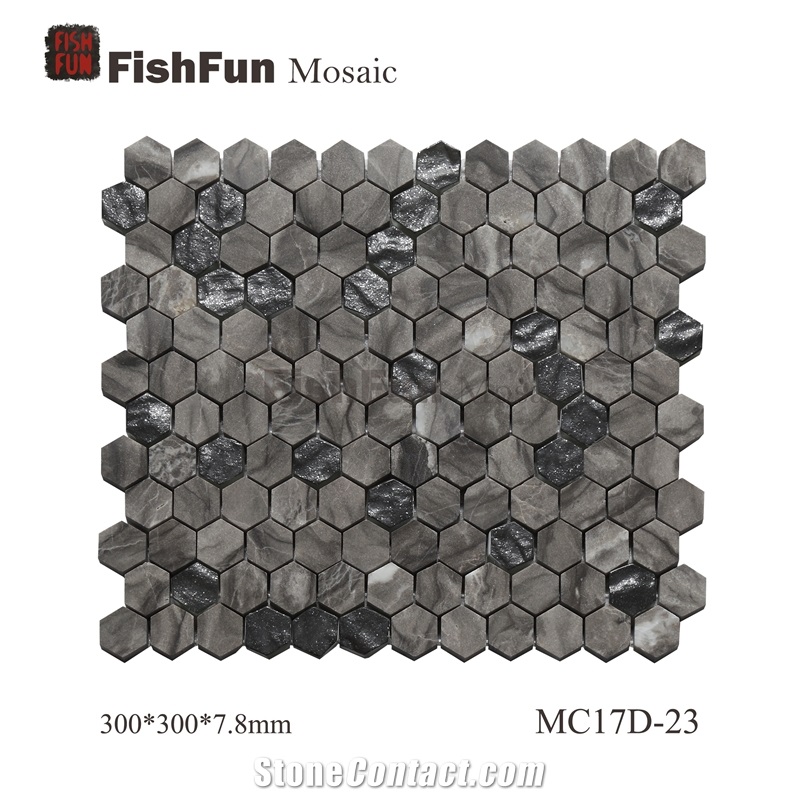 Hexagon Marble & Glass Mosaic Tile 23x26.5mm, Grey Marble Mosaic Tile, Oman Grey Mosaic, Polished Surface, Garden & Balcony Marble and Glass Mosaic Tile, Kitchen Mosaic