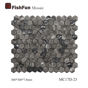 Hexagon Marble & Glass Mosaic Tile 23x26.5mm, Grey Marble Mosaic Tile, Oman Grey Mosaic, Polished Surface, Garden & Balcony Marble and Glass Mosaic Tile, Kitchen Mosaic