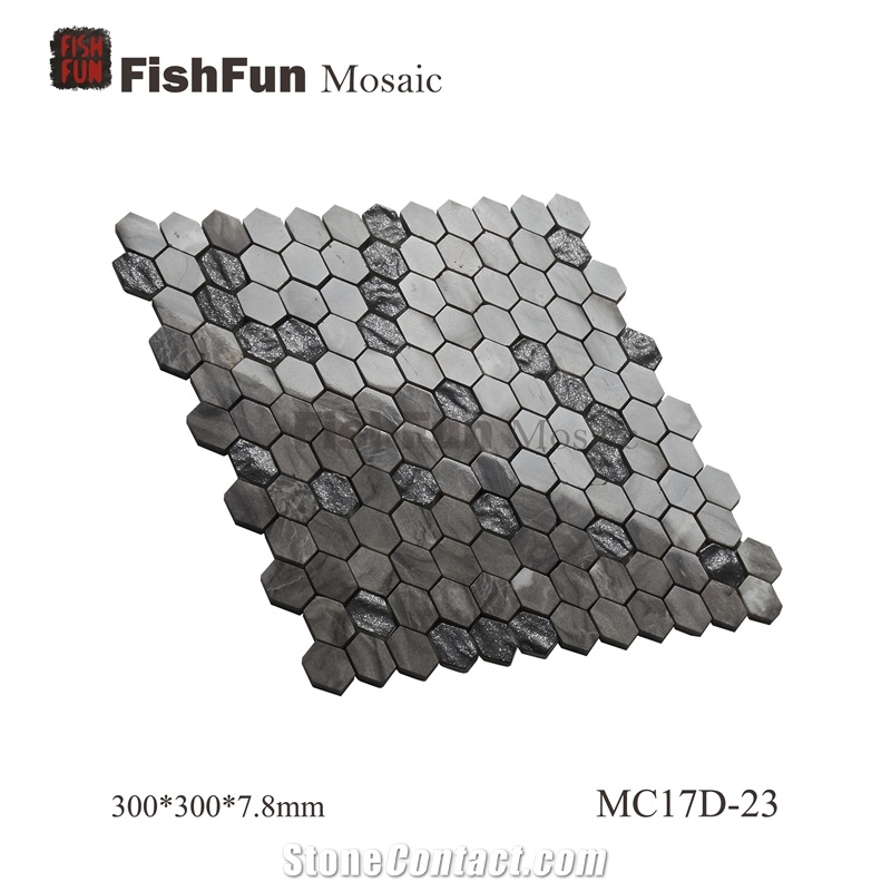 Hexagon Marble & Glass Mosaic Tile 23x26.5mm, Grey Marble Mosaic Tile, Oman Grey Mosaic, Polished Surface, Garden & Balcony Marble and Glass Mosaic Tile, Kitchen Mosaic