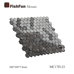 Hexagon Marble & Glass Mosaic Tile 23x26.5mm, Grey Marble Mosaic Tile, Oman Grey Mosaic, Polished Surface, Garden & Balcony Marble and Glass Mosaic Tile, Kitchen Mosaic