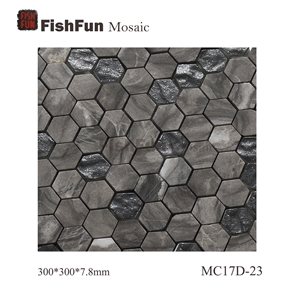 Hexagon Marble & Glass Mosaic Tile 23x26.5mm, Grey Marble Mosaic Tile, Oman Grey Mosaic, Polished Surface, Garden & Balcony Marble and Glass Mosaic Tile, Kitchen Mosaic