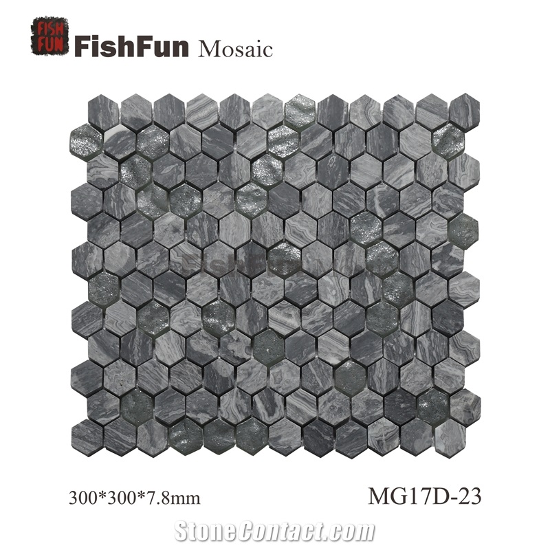 Hexagon Marble & Glass Mosaic Tile 23x26.5mm, Grey Marble Mosaic Tile, Wave Grey Mosaic, Polished Surface, Garden & Balcony Marble and Glass Mosaic Tile, Kitchen Mosaic