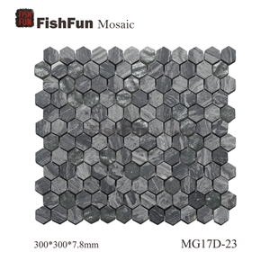 Hexagon Marble & Glass Mosaic Tile 23x26.5mm, Grey Marble Mosaic Tile, Wave Grey Mosaic, Polished Surface, Garden & Balcony Marble and Glass Mosaic Tile, Kitchen Mosaic