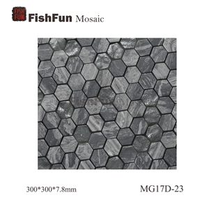 Hexagon Marble & Glass Mosaic Tile 23x26.5mm, Grey Marble Mosaic Tile, Wave Grey Mosaic, Polished Surface, Garden & Balcony Marble and Glass Mosaic Tile, Kitchen Mosaic