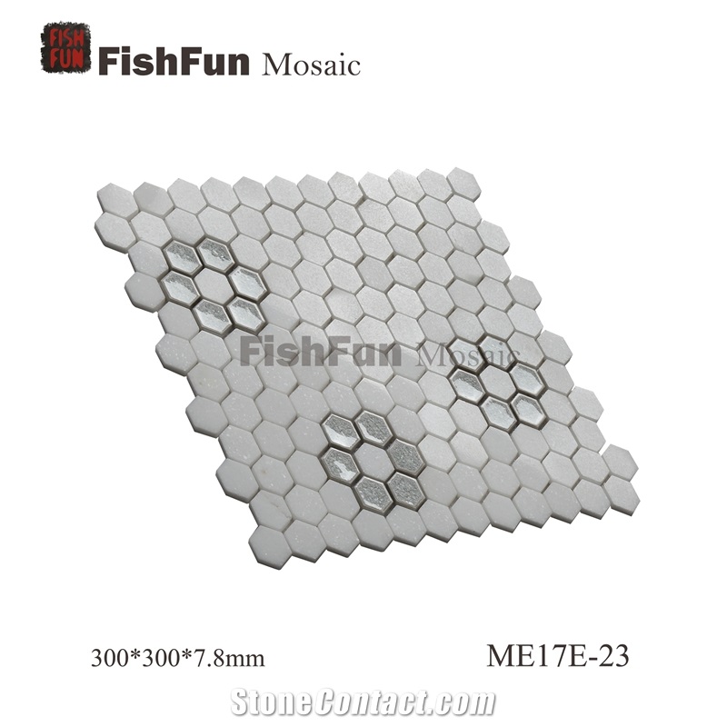Hexagon Marble & Glass Mosaic Tile 23x26.5mm, White Marble Mosaic Tile, Thassos White Mosaic, Polished Surface, Garden & Balcony Marble and Glass Mosaic Tile, Kitchen Mosaic