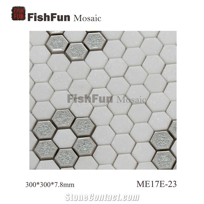 Hexagon Marble & Glass Mosaic Tile 23x26.5mm, White Marble Mosaic Tile, Thassos White Mosaic, Polished Surface, Garden & Balcony Marble and Glass Mosaic Tile, Kitchen Mosaic