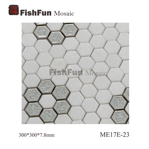 Hexagon Marble & Glass Mosaic Tile 23x26.5mm, White Marble Mosaic Tile, Thassos White Mosaic, Polished Surface, Garden & Balcony Marble and Glass Mosaic Tile, Kitchen Mosaic