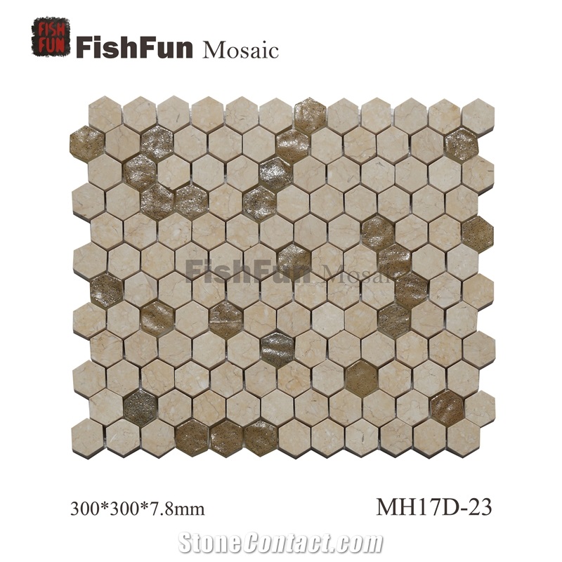 Hexagon Marble & Glass Mosaic Tile 23x26.5mm, Yellow Marble Mosaic Tile, Galala Mosaic, Polished Surface, Garden & Balcony Marble and Glass Mosaic Tile, Kitchen Mosaic